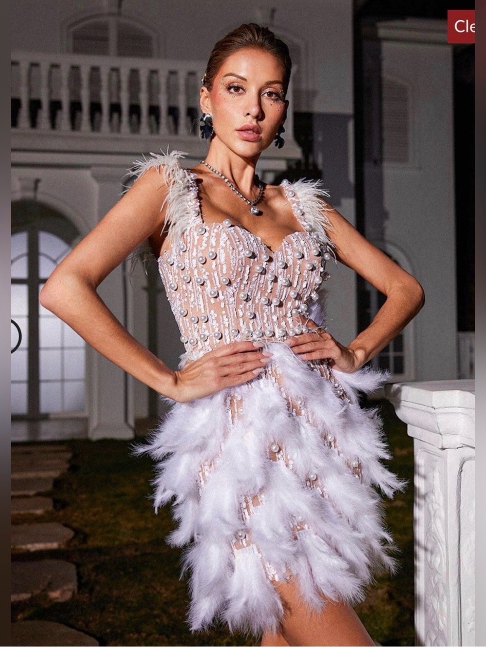 Embellished Feather Mini Dress in Light Pink